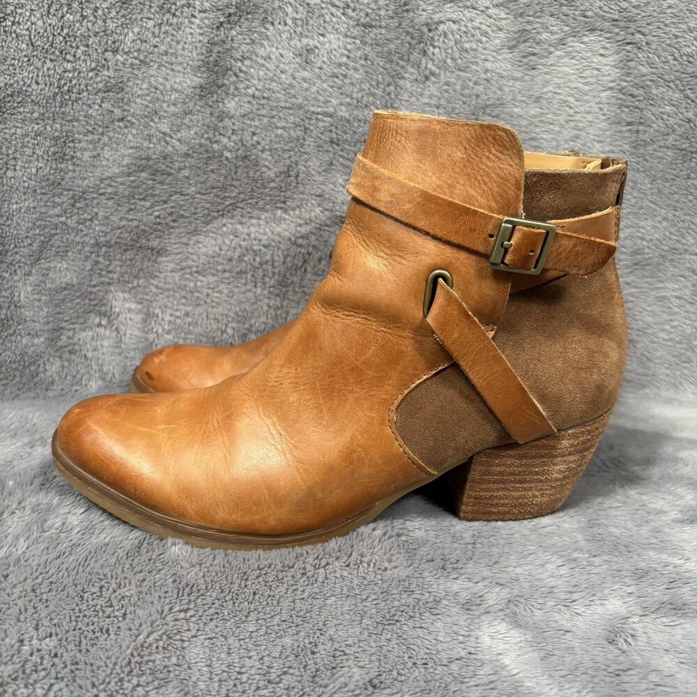 Kork-Ease Tan Leather Ankle Booties with Buckle Strap